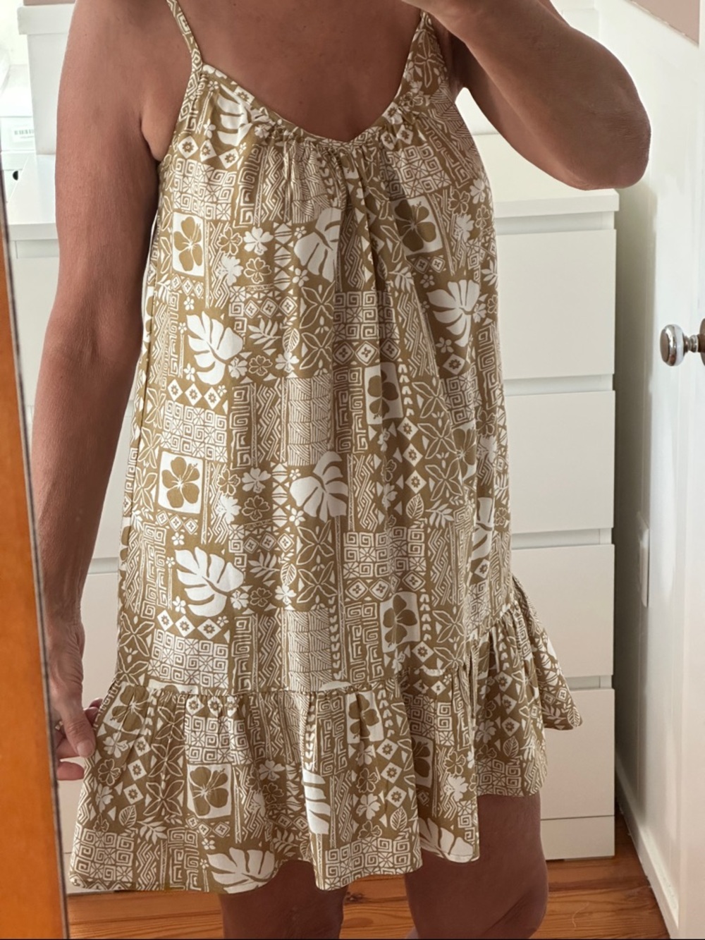 Billabong Olive and cream Floral Tile Mini sundress, babydoll coverup size XS